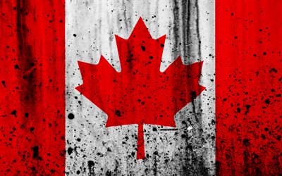 Canadian flag, 4k, grunge, flag of Canada, North America, Canada, national symbols, Canada national flag
