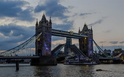 London, Tower Bridge, Thames, evening, landmark, England, UK