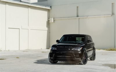Land Rover, Range Rover Sport, 2018, tuning, black SUV, Vossen wheels, British luxury cars