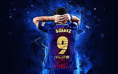 Luis Suarez, back view, FCB, La Liga, Barcelona FC, uruguayan footballers, Suarez, Barca, football stars, neon lights, soccer, LaLiga