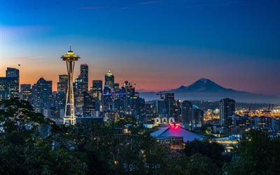 4k, Seattle, sunset, Kerry Park, cityscapes, USA, America