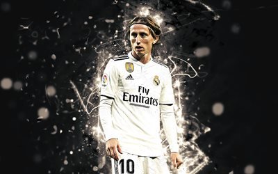 Luka Modric, kroatiska fotbollsspelare, Real Madrid-FC, fotboll, Modric, neon lights, fan art, Ligan, Galacticos