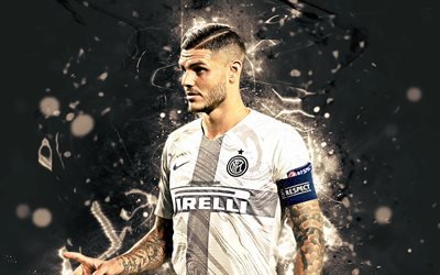 Icardi, white uniform, Internazionale FC, close-up, argentine footballers, Serie A, Mauro Icardi, football, soccer, Italy, neon lights, Inter Milan FC