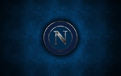 SSC Napoli, 4k, emblem, grunge style, metal style, metal logo, Italian football club, Serie A, blue metal background, Naples, Italy, football, Napoli FC
