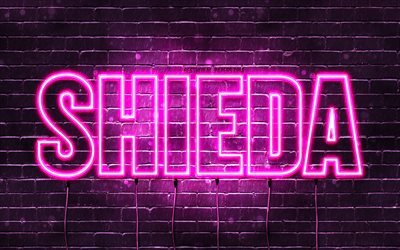 Happy Birthday Shieda, 4k, pink neon lights, Shieda name, creative, Shieda Happy Birthday, Shieda Birthday, popular japanese female names, picture with Shieda name, Shieda