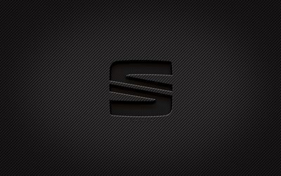 Seat kolfiberlogotyp, 4k, grungekonst, kolbakgrund, kreativ, Seat svart logotyp, bilm&#228;rken, Seatlogotyp, Seat