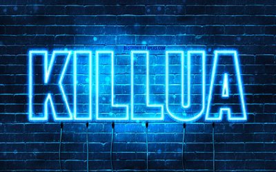 Happy Birthday Killua, 4k, luzes de n&#233;on azuis, nome Killua, criativo, Killua Happy Birthday, Killua Birthday, nomes masculinos japoneses populares, imagem com o nome Killua, Killua