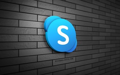 Logotipo 3D do Skype, 4K, parede de tijolos cinza, criativo, redes sociais, logotipo do Skype, arte 3D, Skype