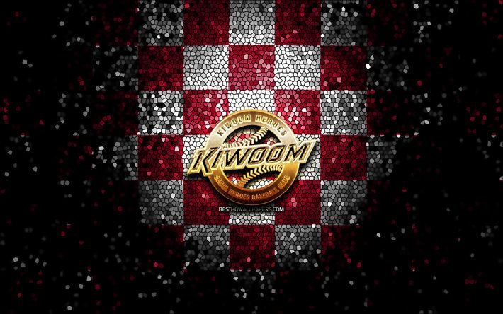 Kiwoom Heroes, parıltılı logo, KBO, mor beyaz damalı arka plan, beyzbol, G&#252;ney Kore beyzbol takımı, Kiwoom Heroes logosu, mozaik sanatı