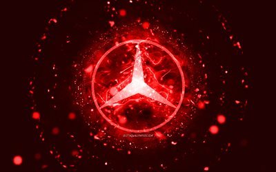 Mercedes-Benz punainen logo, 4k, punaiset neon valot, luova, punainen abstrakti tausta, Mercedes-Benz logo, automerkit, Mercedes-Benz