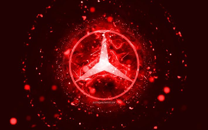 Mercedes-Benz red logo, 4k, red neon lights, creative, red abstract background, Mercedes-Benz logo, cars brands, Mercedes-Benz