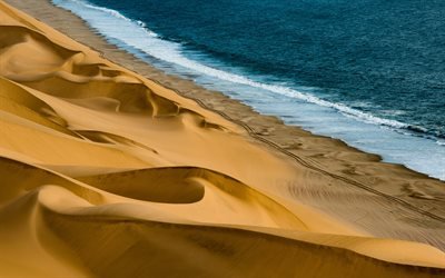 costa, oceano, deserto, dune di sabbia, sabbia, sera, tramonto, paesaggio desertico