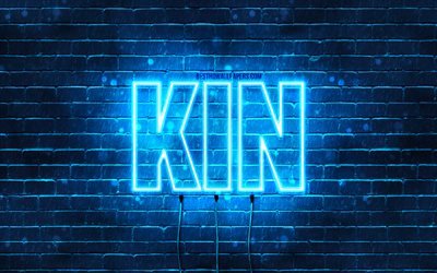 Joyeux anniversaire Kin, 4k, n&#233;ons bleus, nom Kin, cr&#233;atif, joyeux anniversaire Kin, anniversaire Kin, noms masculins japonais populaires, image avec nom Kin, Kin