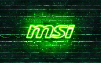 MSI green logo, 4k, green brickwall, MSI logo, brands, MSI neon logo, MSI