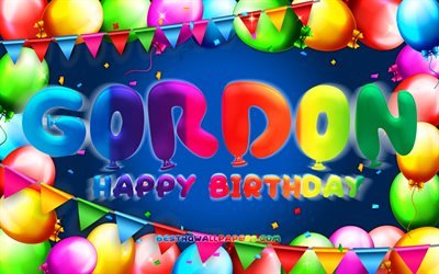 Buon compleanno Gordon, 4k, cornice di palloncini colorati, nome Gordon, sfondo blu, buon compleanno Gordon, compleanno di Gordon, nomi maschili americani popolari, concetto di compleanno, Gordon