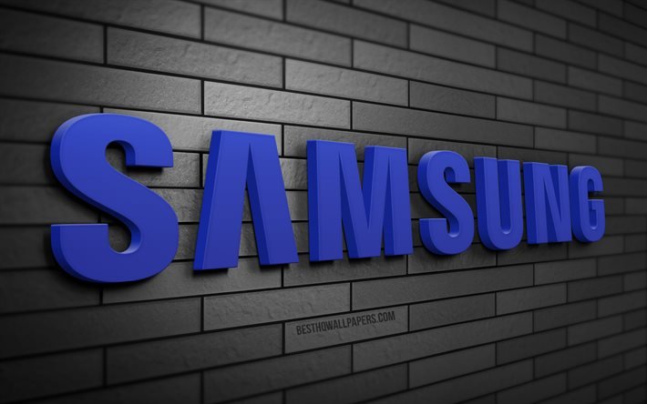 Samsung 3D logo, 4K, gray brickwall, creative, brands, Samsung logo, 3D art, Samsung