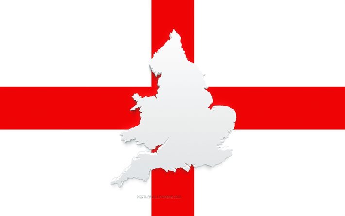 Silhueta do mapa da Inglaterra, Bandeira da Inglaterra, silhueta na bandeira, Inglaterra, 3D Silhueta do mapa da Inglaterra, Mapa da Inglaterra 3D