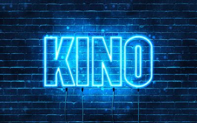 Joyeux anniversaire Kino, 4k, n&#233;ons bleus, nom Kino, cr&#233;atif, Kino joyeux anniversaire, anniversaire Kino, noms masculins japonais populaires, photo avec nom Kino, Kino
