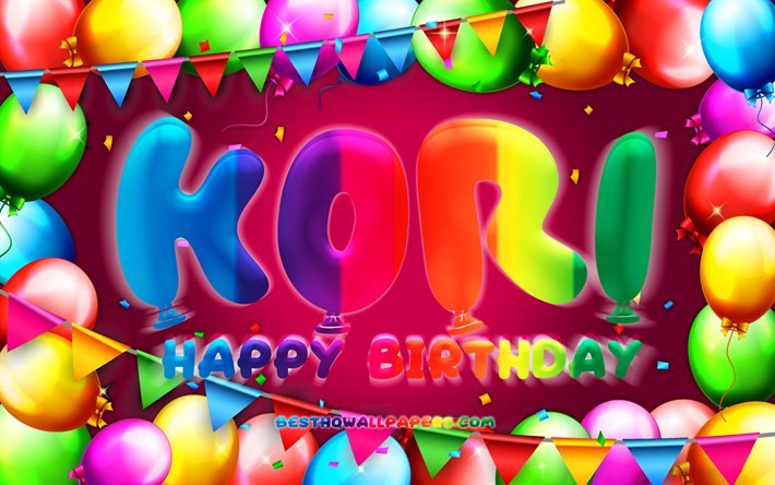 Joyeux anniversaire Kori, 4k, cadre de ballon color&#233;, nom Kori, fond violet, joyeux anniversaire Kori, anniversaire Kori, noms f&#233;minins am&#233;ricains populaires, concept d&#39;anniversaire, Kori