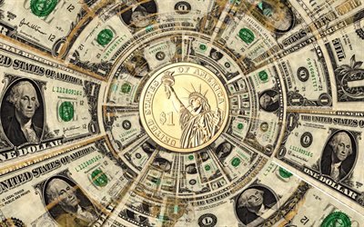 Guldmynt 1 dollar, pengar bakgrund, amerikanska dollar, finans, guldmynt, finans bakgrund, dollar, bakgrund med dollar