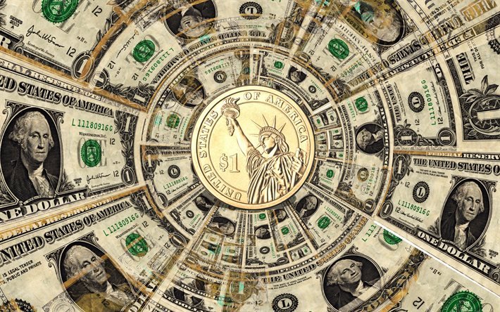 Gold coin 1 dollar, money background, american dollars, finance, gold coin, finance background, dollars, background with dollars