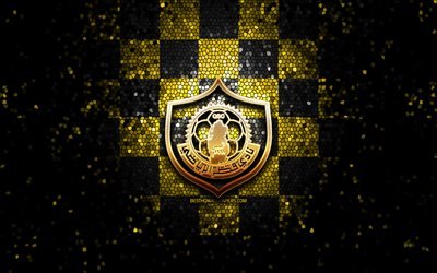 Qatar SC, logo glitterato, QSL, giallo, nero, sfondo a scacchi, calcio, squadra di calcio del qatari, Qatar SC logo, arte del mosaico, Qatar FC