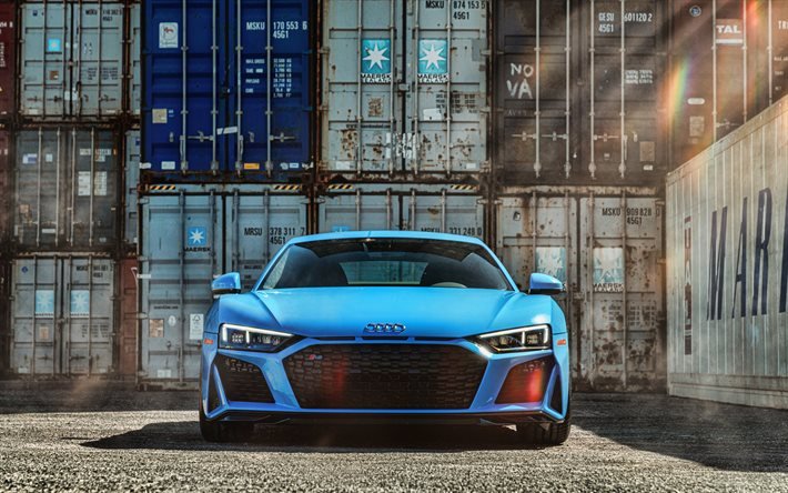 2021, Audi R8, 4k, vista frontale, esterno, nuovo blu R8, tuning R8, auto tedesche, Audi
