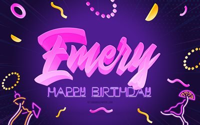 お誕生日おめでとうエメリー, 4k, 紫のパーティーの背景, エメリ, クリエイティブアート, エメリーお誕生日おめでとう, エメリー名, エメリの誕生日, 誕生日パーティーの背景