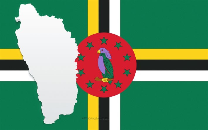 Dominica kartsiluett, Dominicas flagga, siluett p&#229; flaggan, Dominica, 3d Dominica kartsiluett, Dominica flagga, Dominica 3d karta