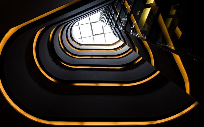 escada, vista de baixo para cima, escada circular preta, centro de neg&#243;cios, escada elegante, caminho para o topo