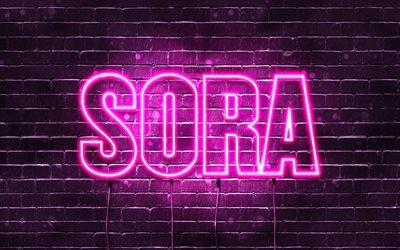 Happy Birthday Sora, 4k, pink neon lights, Sora name, creative, Sora Happy Birthday, Sora Birthday, popular japanese female names, picture with Sora name, Sora