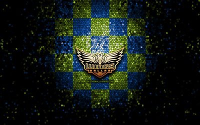 Dallas Wings, glitter logo, WNBA, blue green checkered background, basketball, american basketball team, Dallas Wings logo, mosaic art