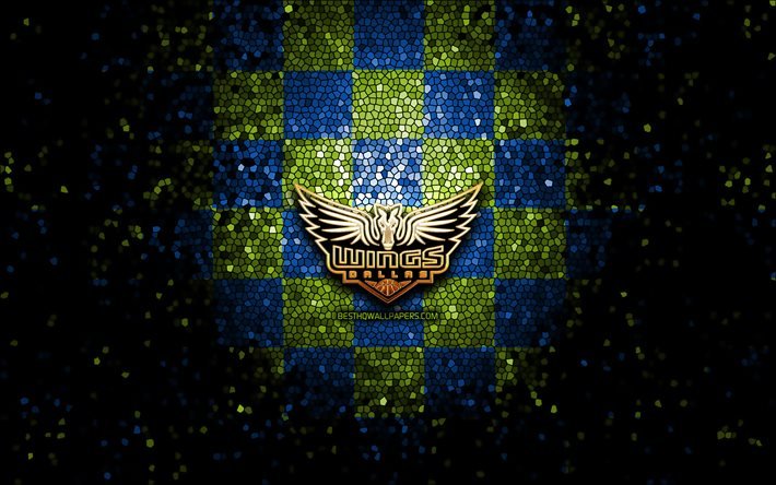 Dallas Wings, glitterlogo, WNBA, sinivihre&#228; ruudullinen tausta, koripallo, amerikkalainen koripallojoukkue, Dallas Wings logo, mosaiikkitaide