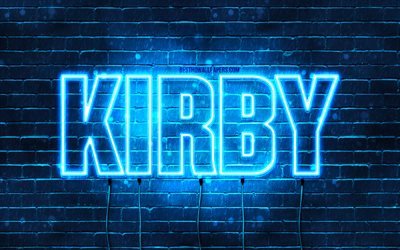 Buon Compleanno Kirby, 4k, luci al neon blu, nome Kirby, creativo, Kirby Buon Compleanno, Kirby Compleanno, nomi maschili giapponesi popolari, foto con nome Kirby, Kirby