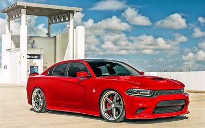 Dodge Charger Hellcat, 2021, vista frontal, exterior, sedan vermelho, novo Charger Hellcat vermelho, carregador de ajuste, carros americanos, Dodge