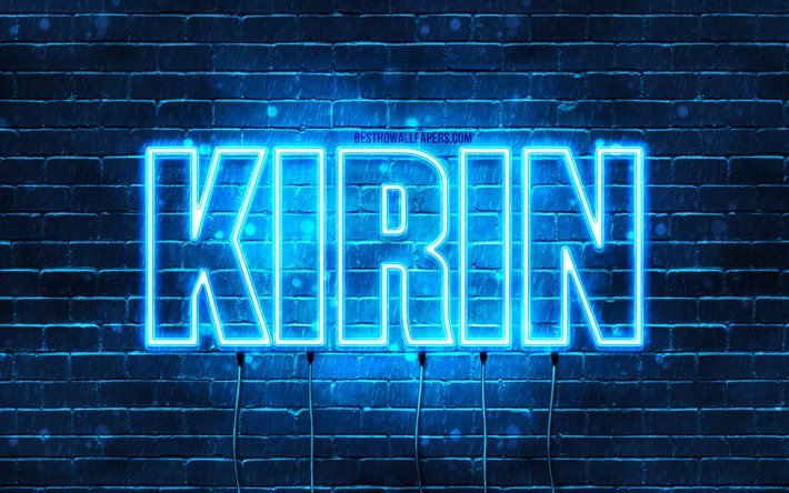 Feliz anivers&#225;rio, Kirin, 4k, luzes de n&#233;on azuis, nome Kirin, criativo, Feliz anivers&#225;rio Kirin, Anivers&#225;rio Kirin, nomes masculinos japoneses populares, foto com o nome Kirin