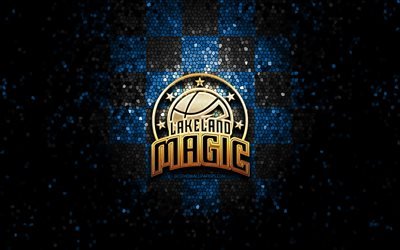 レイクランドマジック, キラキラロゴ, NBAGリーグ, 青黒の市松模様の背景, バスケットボール, アメリカのバスケットボールチーム, レイクランドマジックのロゴ, モザイクアート