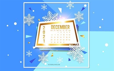 December 2021 Calendar, 4k, blue winter background, winter calendars, 2021 December Calendar, gold frame, December, 2021 concepts