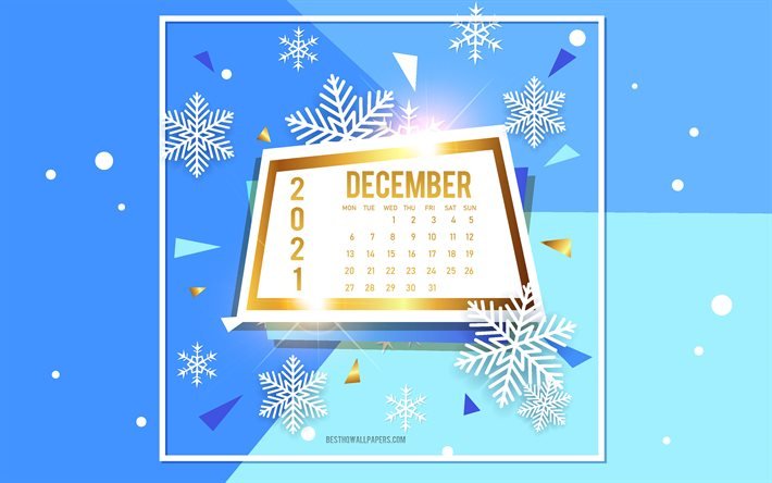 Calendario dicembre 2021, 4k, sfondo blu invernale, calendari invernali, cornice dorata, concetti dicembre 2021