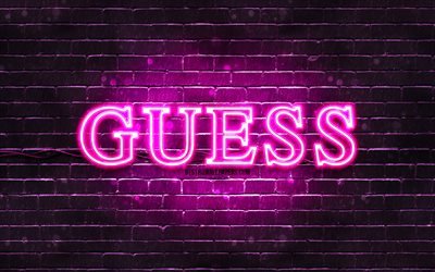 Guess logo violet, 4k, mur de briques violet, logo Guess, marques, logo n&#233;on Guess, Guess