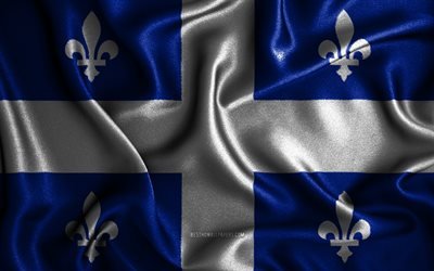 Quebec flag, 4k, silk wavy flags, canadian provinces, Day of Quebec, fabric flags, Flag of Quebec, 3D art, Quebec, Provinces of Canada, Quebec 3D flag, Canada