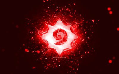 Hearthstone red logo, 4k, red neon lights, creative, red abstract background, Hearthstone logo, online games, Hearthstone