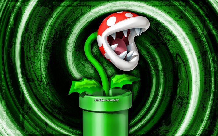4k, Planta Piranha, fundo verde grunge, v&#243;rtice, Super Mario, planta de desenho animado, personagens Super Mario, Super Mario Bros, Planta Piranha Super Mario
