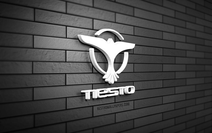Logo Tiesto 3D, 4K, Tijs Michiel Verwest, mur de briques gris, cr&#233;atif, marques, logo Tiesto, DJ n&#233;erlandais, art 3D, Tiesto