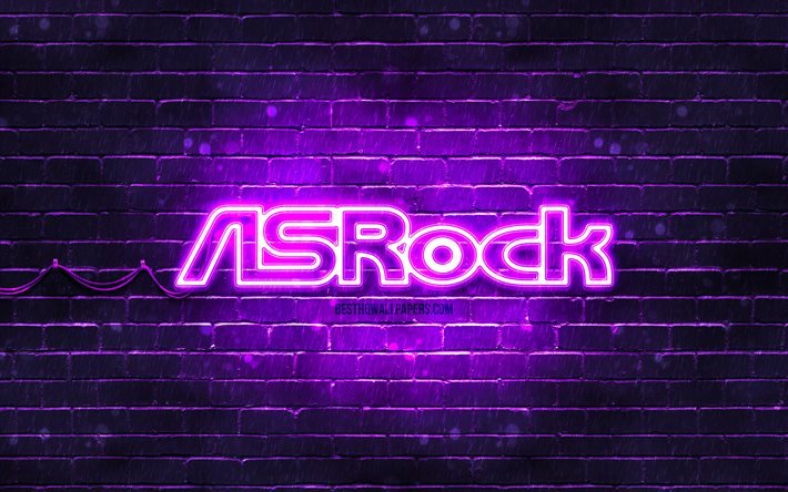 ASrockバイオレットロゴ, 4k, 紫のレンガの壁, ASrockのロゴ, お, ASrockネオンロゴ, ASrock