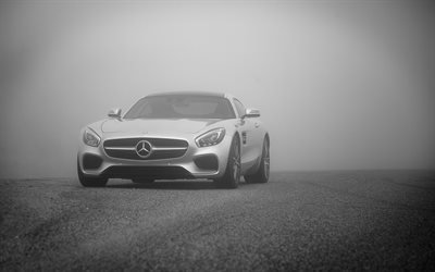Mercedes-Benz AMG GTS, supercarro de luxo, cup&#234; esportivo prata, nevoeiro, AMG GTS prata, carros esportivos alem&#227;es, Mercedes-Benz