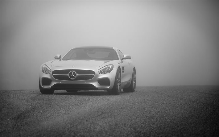 Mercedes-Benz AMG GTS, luxury supercar, silver sports coupe, fog, silver AMG GTS, German sports cars, Mercedes-Benz