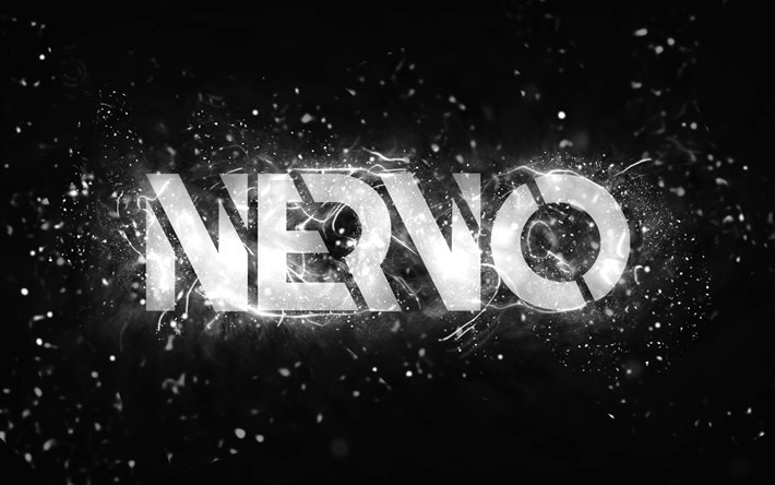 Logo blanc Nervo, 4k, DJ australiens, n&#233;ons blancs, Olivia Nervo, Miriam Nervo, fond abstrait noir, Nick van de Wall, logo Nervo, stars de la musique, Nervo
