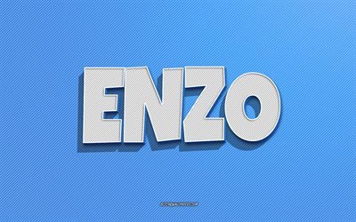 Enzo, fond de lignes bleues, fonds d&#39;&#233;cran avec des noms, nom Enzo, noms masculins, carte de voeux Enzo, dessin au trait, photo avec nom Enzo