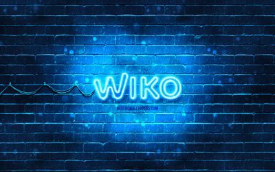 Wiko blue logo, 4k, blue brickwall, Wiko logo, brands, Wiko neon logo, Wiko
